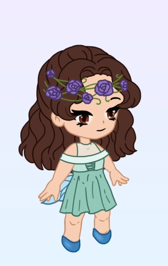 Avatar chibi de cabello castaño con vestido menta, alas azules y flores