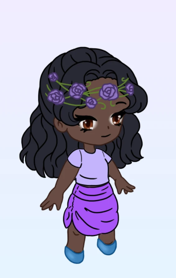 Avatar chibi con blusa lavanda, falda violeta y corona de flores
