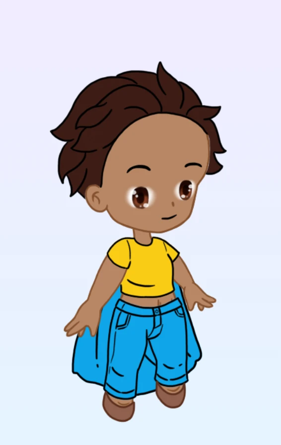 Avatar chibi con atuendo amarillo y azul y capa de superhéroe