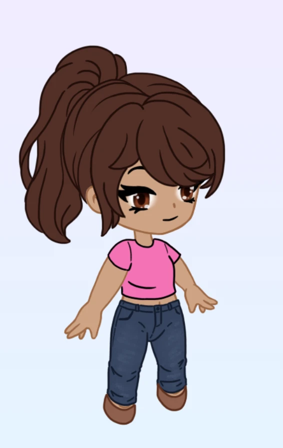 Avatar chibi de cabello castaño con blusa coral, jeans y tenis