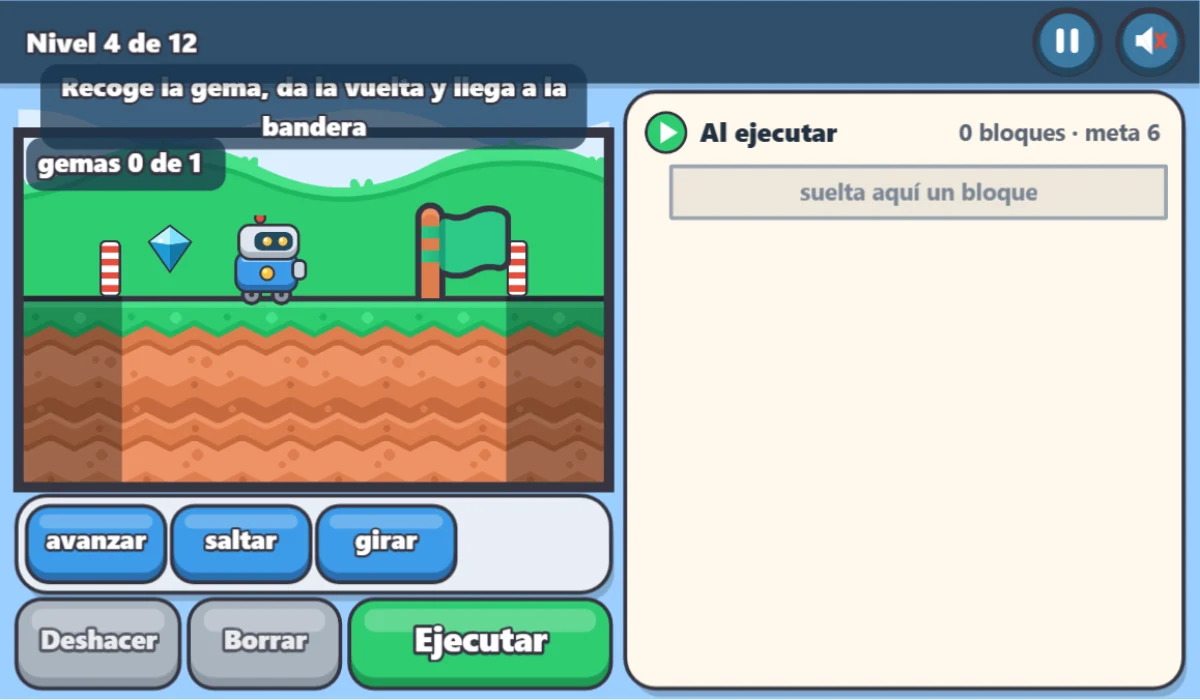 Captura real de Robot programador: escenario de plataformas y bloques para construir un programa